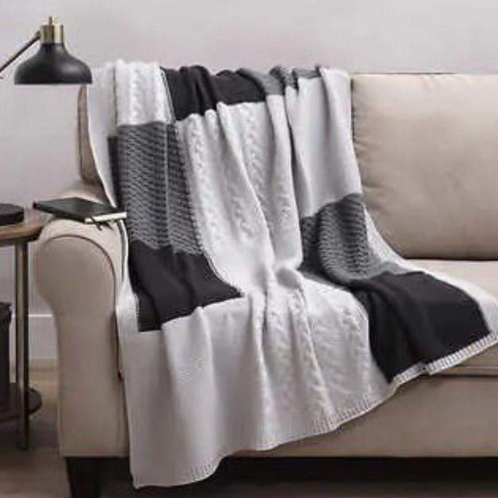 Throw, knit patterns in light gray, dark gray, charcoal, NWOT